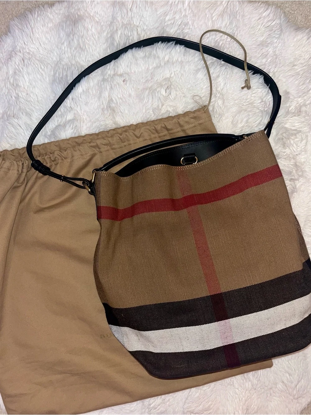 Burberry Tan & Black Canvas Hobo with Stripe Detail